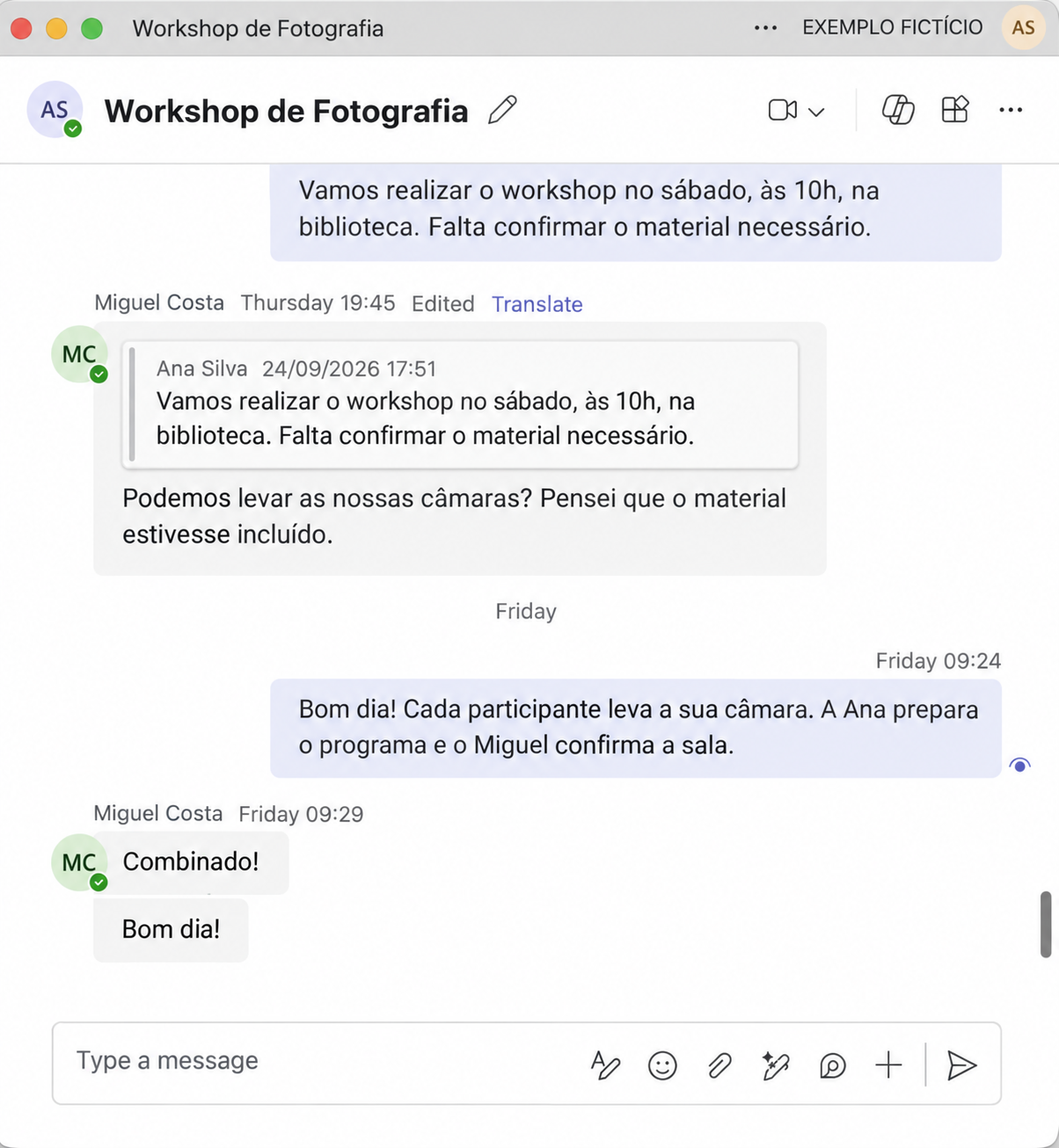 Exemplo fictício: conversa no Teams sobre a organização de um workshop de fotografia.