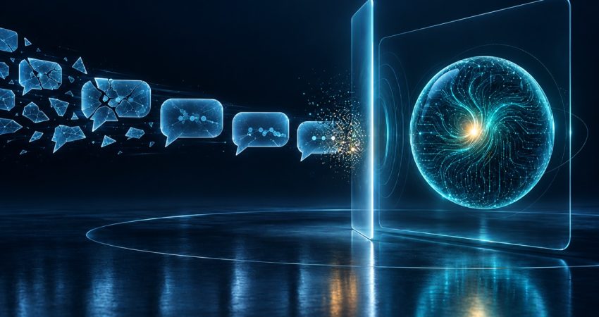 Ilustração de mensagens que se desfazem ao chegar a uma esfera luminosa de inteligência artificial.