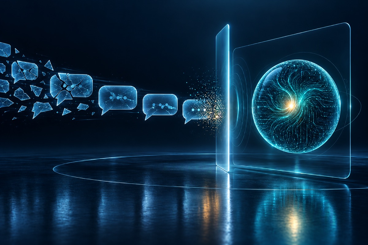 Ilustração de mensagens que se desfazem ao chegar a uma esfera luminosa de inteligência artificial.